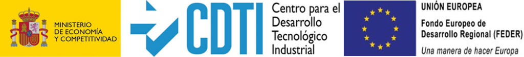Logos du Ministère de l’Économie et de la Compétitivité, du CDTI et de l’UE-FEDER comme organismes financeurs de projets technologiques.